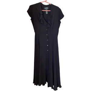 Vintage 80s Silk Ralph Lauren Petite Designer Dress Black 10P Kasper Group